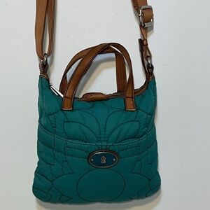 Fossil Key-Per Teal Quilted Floral Stitched Crossbody Purse